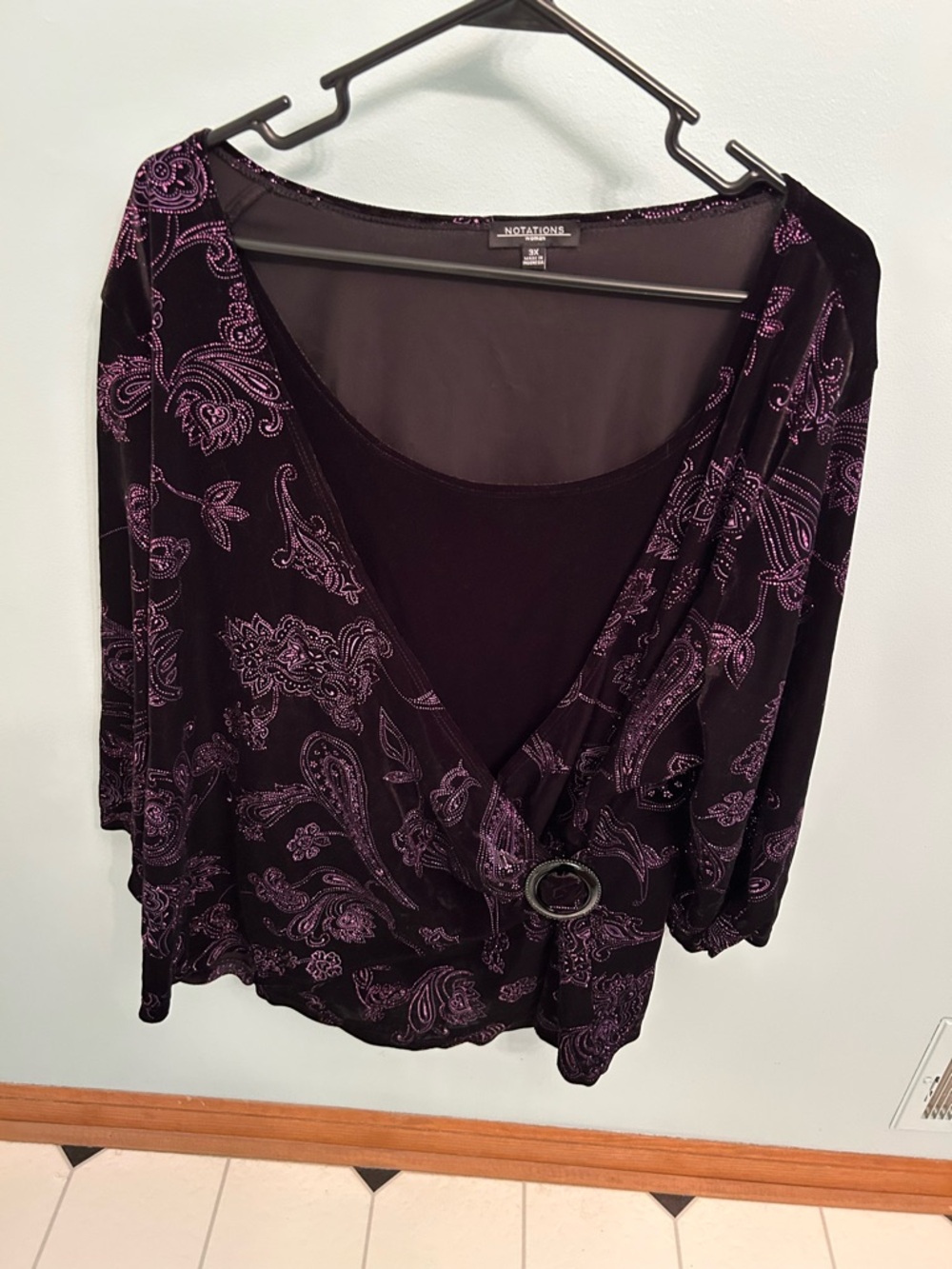 Notations Purple Paisley Faux-Wrap Blouse with Ring Detail